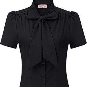 XXLarge - Black Short Sleeve Office Bow Top
